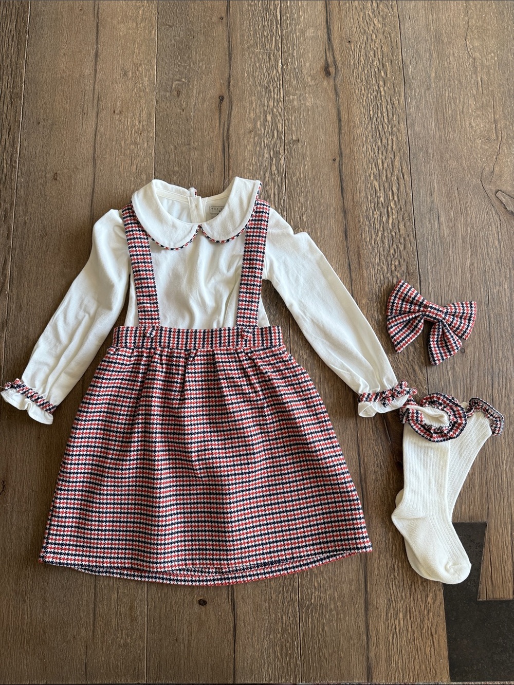 Max Studio Kids Orange & Navy Houndstooth Suspender Skirt Set with White Blouse